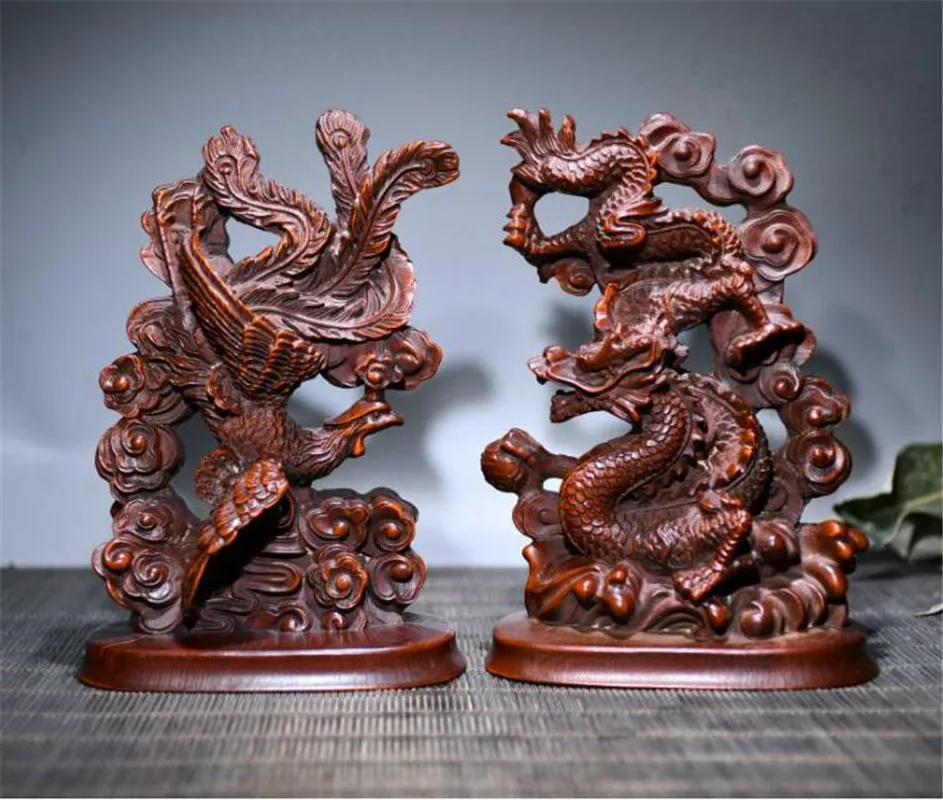 

Archaize seiko Hand-carved boxwood Dragon phoenix desktop decoration crafts statue a pair