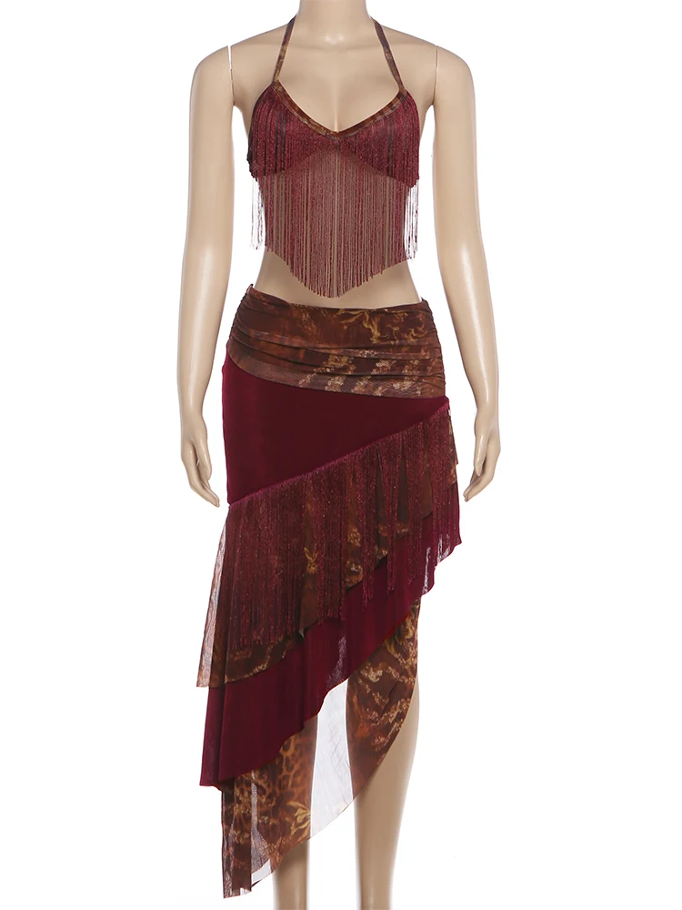 Kliou Quasten-Dekorations-Set, 2-teilig, Damen Neckholder-Top mit tiefem Ausschnitt und rückenfreiem Design + unregelmäßiger Patchwork-Maxirock, sexy Mode-Outfits – Detail 4
