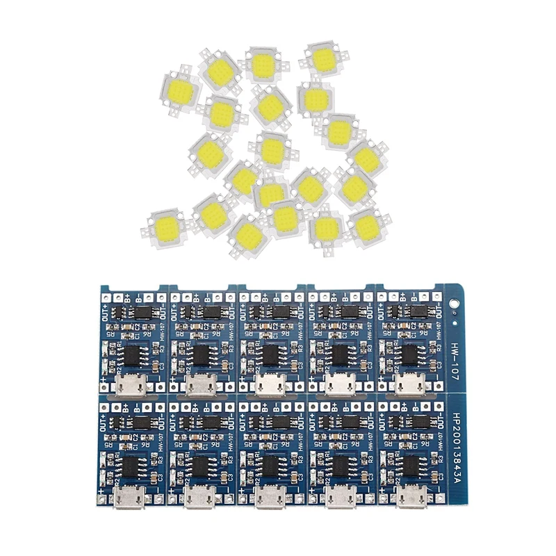 순백색 LED 램프 및 미니 USB 18650, TP4056 리튬 배터리 충전 보드, 20 개, 10W, 1100LM