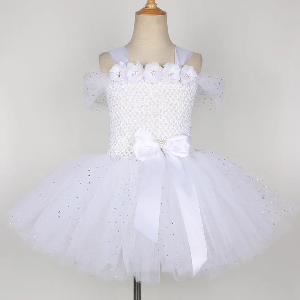 Guardian Angel Costume for Girls White Glitter Flowers Tutu Dress Toddler Kids Halloween Carnival Birthday Party Princess Dress