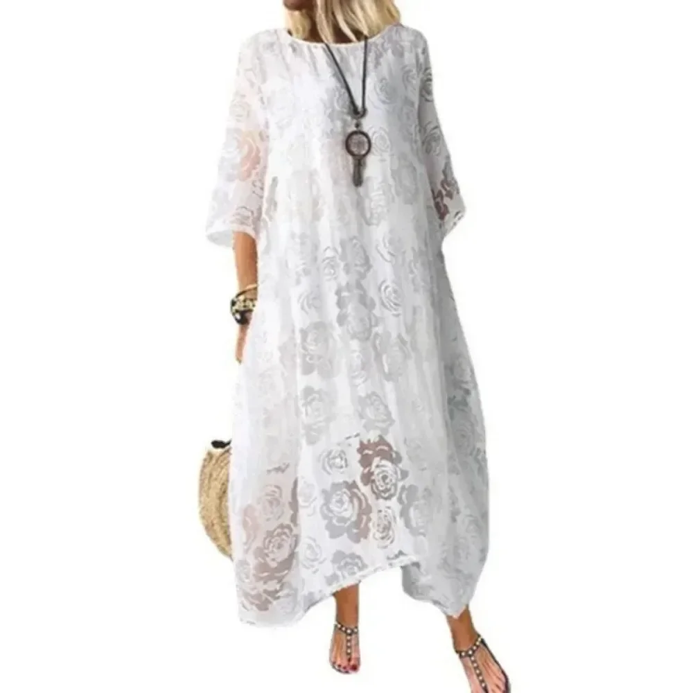 Damska sukienka Plus Size 1XL-5XL Summer Round Neck Short Sleeve Lace Long Dress Vintage Handmade Hollow Flower Dress Lace Loose Casual