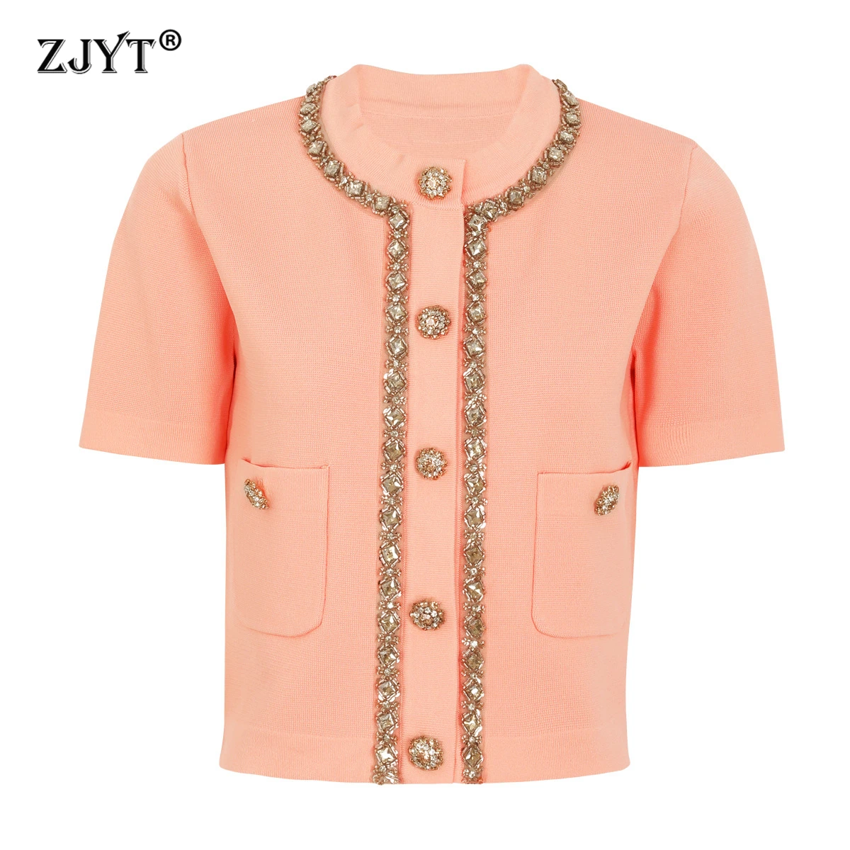 

ZJYT Luxury Diamonds Cardigans Knitted Tops Sweaters for Women Short Sleeve Knitwears Jersey Mujer 2026 Summer Mini Skirts Lady