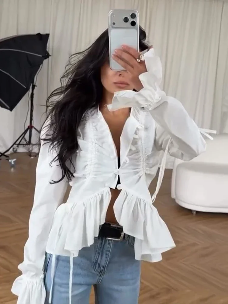 Elegant Ruffle Lace Up Women's Shirt White Long Flare Sleeve Single-breasted Slim Female Top 2026 Spring Summer Chic Lady Tops