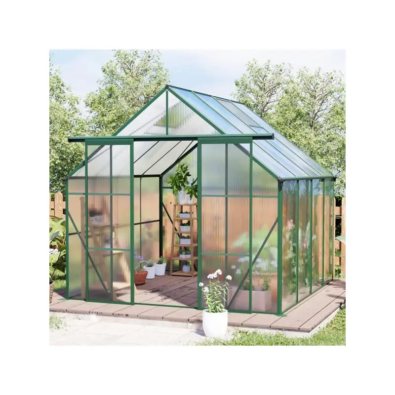 

8x8 ft Double Door Polycarbonate Greenhouse with Raised Base and Heavy Duty Aluminum Frame for Year-Round Outdoor Use in