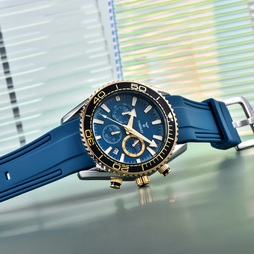 New TYBERLEY Men's Watches Black Gold Luxury Quartz Wristwatch Chronograph Watch Men Top Brand Waterproof Sport Rubber Man Clock