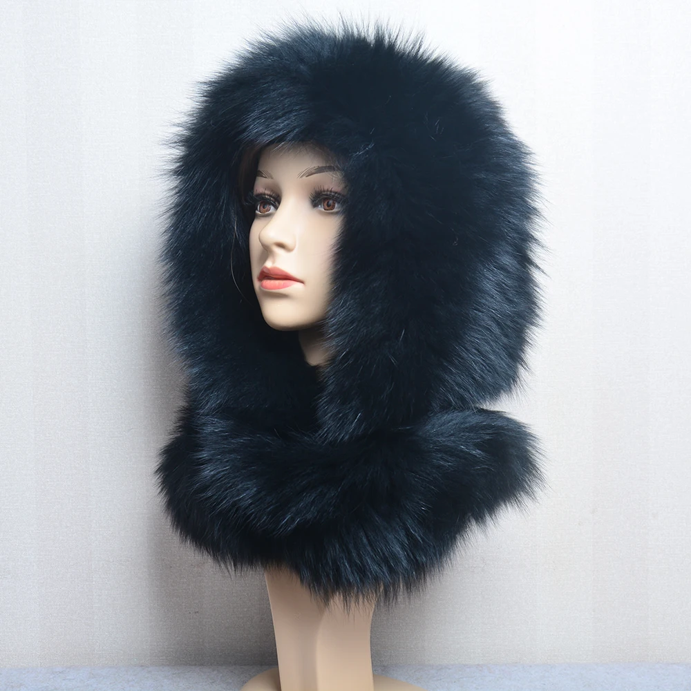 Hot Sale Fox Fur Hood Volume Hats For Women Winter Warm Novelty Knitted Fur Scarf Hat Fashionable Genuine Large Female Fur Hat