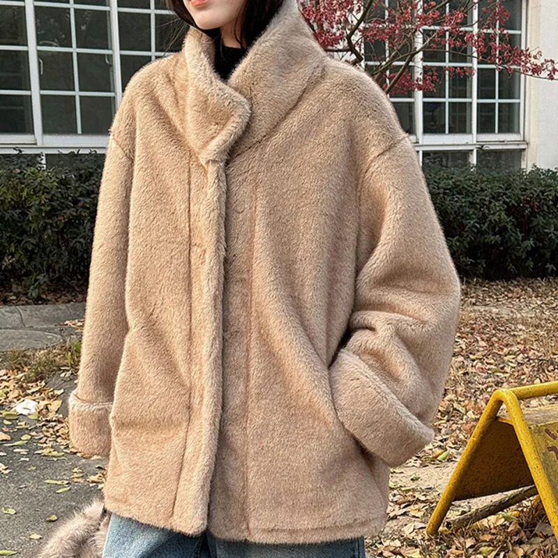 Hksh inverno novas mulheres casaco de pele do falso gola bolsos coreano high-end luxo elegante versátil casual ins jaqueta quente hk17527