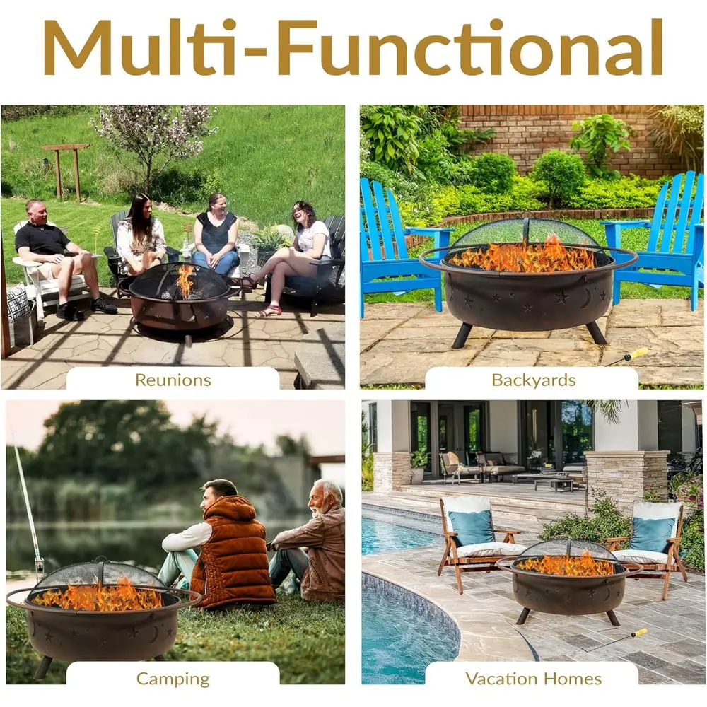 حفرة نار كبيرة لحرق الخشب في الهواء الطلق مقاس 42 بوصة مع شاشة شرارة مستديرة، بوكر، وشبكة مدمجة #6