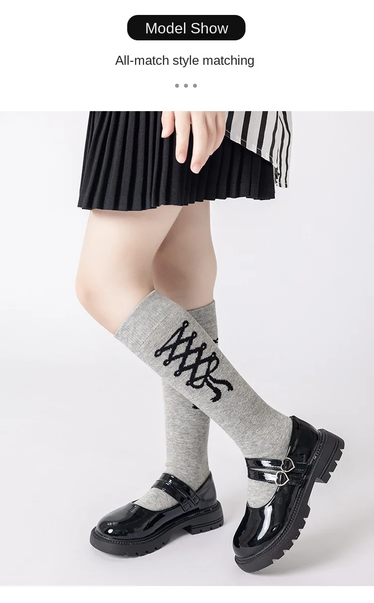 3 Paar kniehohe Slouch-Socken für Mädchen, schwarz, weiß, grau, Schleife, Frühling, stapelbare Strumpfhosen für Kinder von 3–12 Jahren, lässige Schulsocken – Detail 3