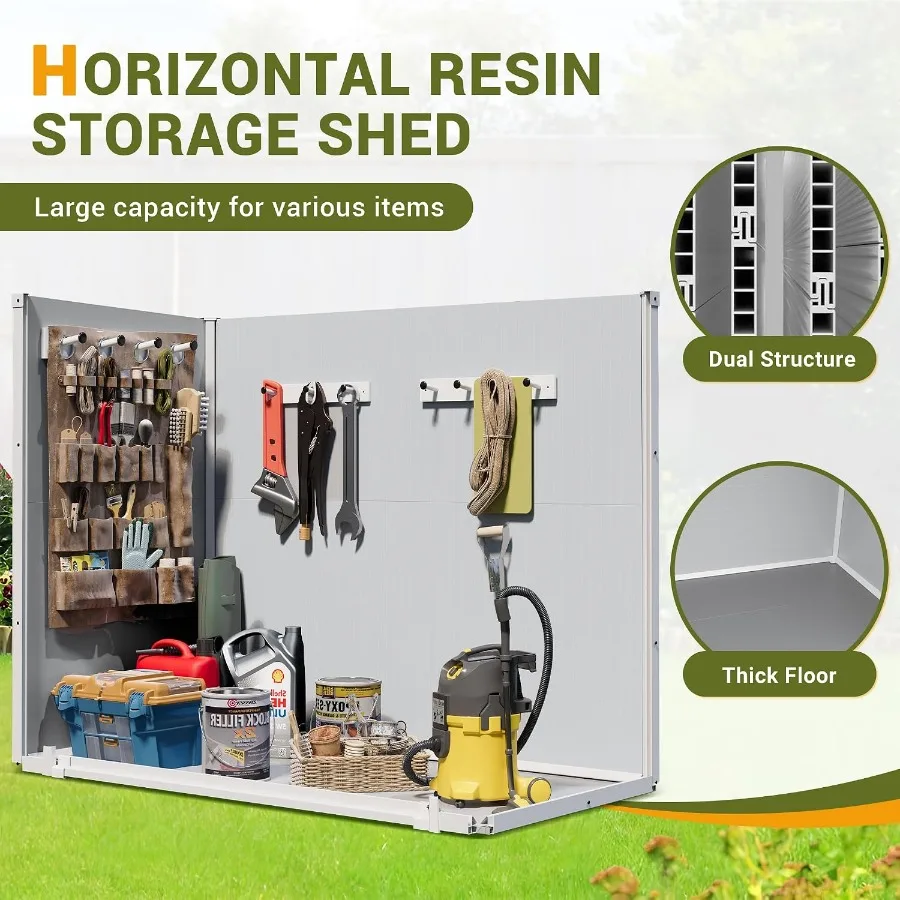 Outdoor horizontal storage shed for patio use, weatherproof resin material in light grey, thickened floor and gas spring mechan