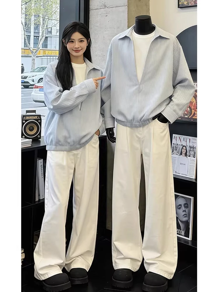 

Spring Youth Casual Style Striped Shirt for Men Light Blue Patchwork Fake Two-Piece Polyester Fiber Long Sleeve Zipper Closure