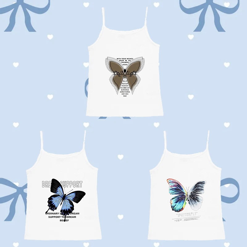 

Three-piece Butterfly Print White Sleeveless Top 2000s Style Suspender Vest Female Sexy Vest Summer 2025 Slim Navel Top Female