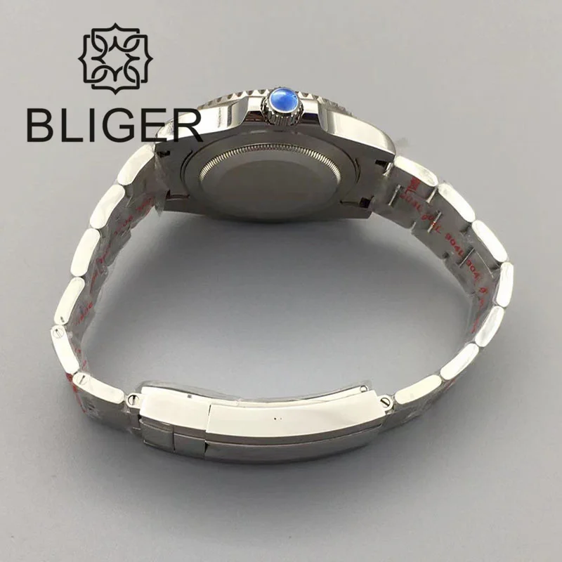 BLIGER Relógio Automático Masculino, Vidro Safira, Inserção Verde, Bracelete Luminoso em Aço Inoxidável, 24Jewel, NH35, 40mm