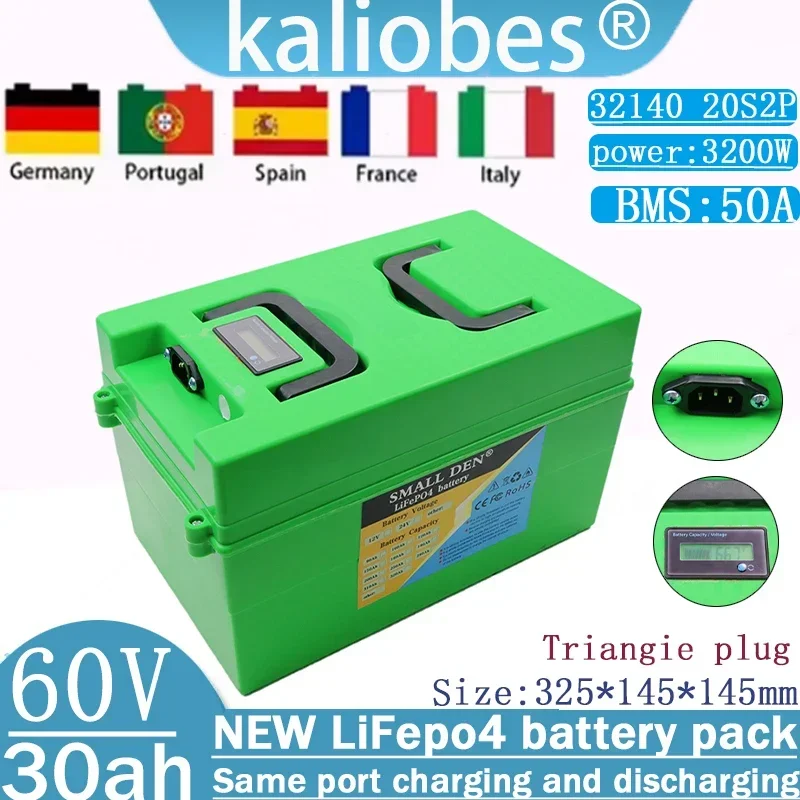 32140 New 60V 30Ah Lifepo4 Rechargeable Battery Pack 20S2P with Display 3200W High Power Built in 50A BMS Electric Vehicle