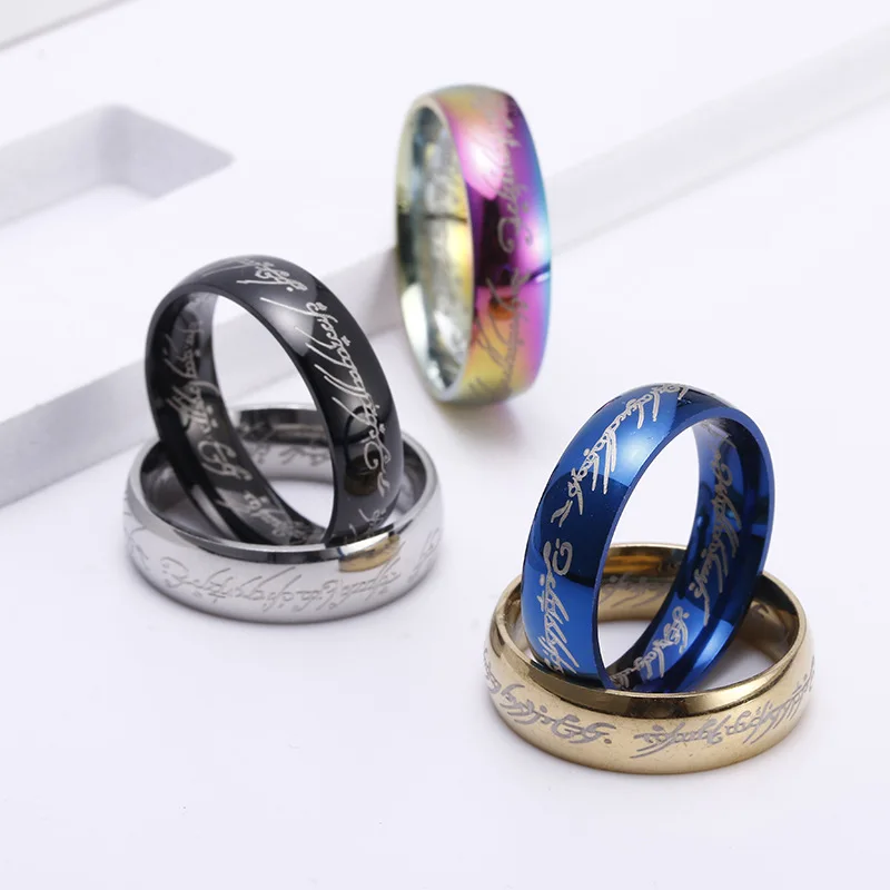 Lord of The Finger Rings Movie with The Same Inside and Outside 3D Engraving Spanish Sanskrit Ring Stainless Steel Exquisite