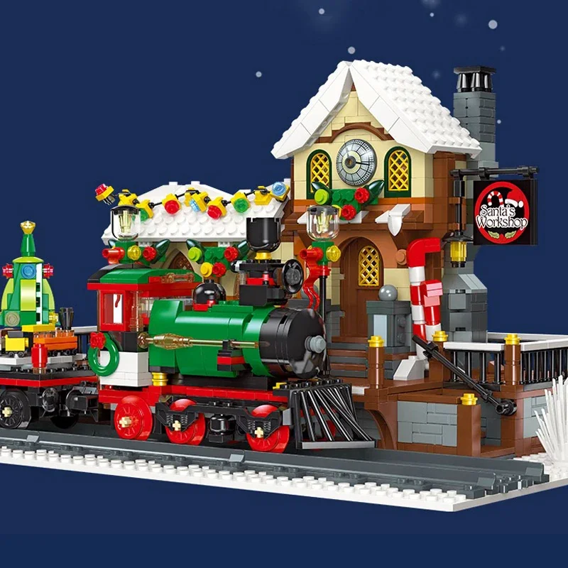 Christmas Train Model Street View with LED Lights Building Blocks Bricks Construction Model Kids Toys Christmas Gift Decoration