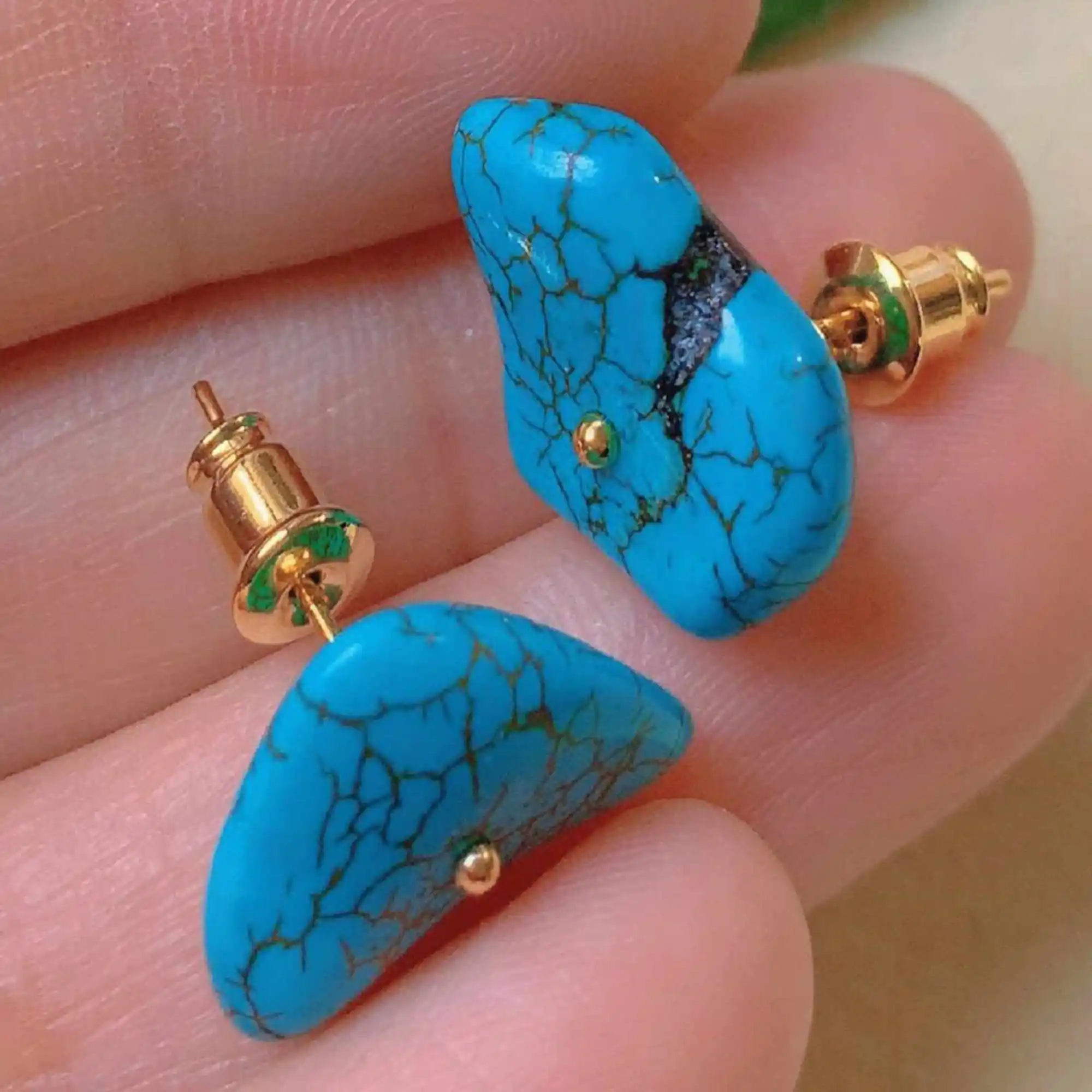 

Fashion natural blue irregular turquoise gold ear stud Thanksgiving Gift Lucky Jewelry Holiday gifts New Year Easter Hook