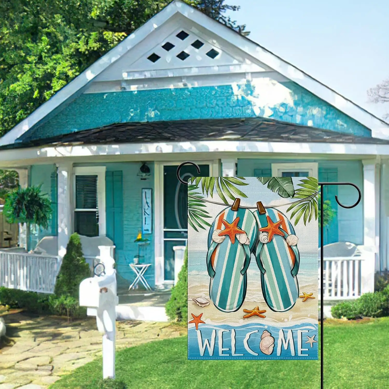 Dyrenson Welcome Summer Flip Flops Decorative Garden Flag, Beach Coastal Tropical Palm Leaves Yard Outside Home Decoration,  yyi