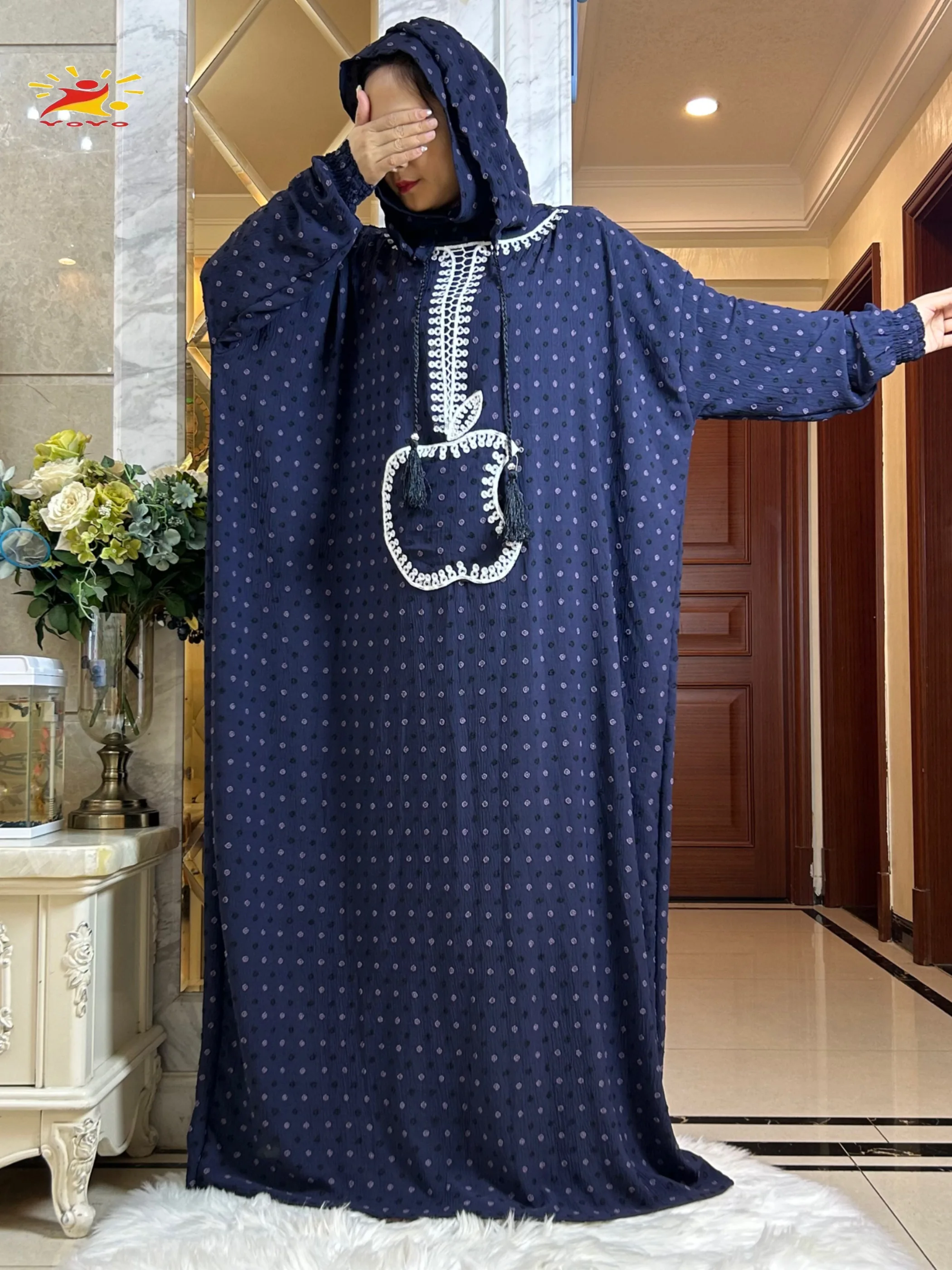 

2025 Sspring New Cotton Ramadan Muslim Double hat Abaya Dubai Turkey Islam Prayer Clothes Apple Pocket Islam Women Dress Kafta