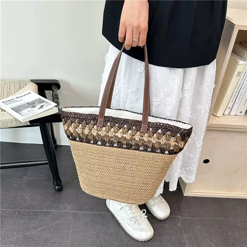 CLAREGQI Women Color Block Straw Woven Tote Bag Large Capacity Leather Strap Shoulder Handbag Summer Beach Daily Basket Purse