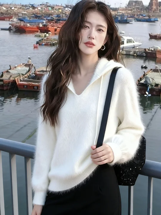 

Chic Korean Sle ort Knitted White Sweater Inner Wear Breathable V-Ne Long Sve Soft Comfortable Women's Top