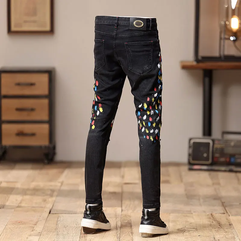 Street Fashion Men Jeans Retro Black Gray Stretch Skinny Fit Ripped Jeans Men Painted Designer Hip Hop Denim Pencil Pants Hombre