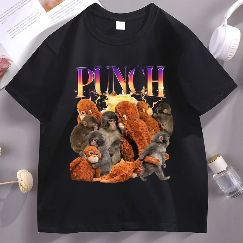 

Punch The Monkey T-shirt for Men Women Casual Short Sleeve Tshirt Baby Monkey Holding Plush Toy T Shirt Unisex Streetwear