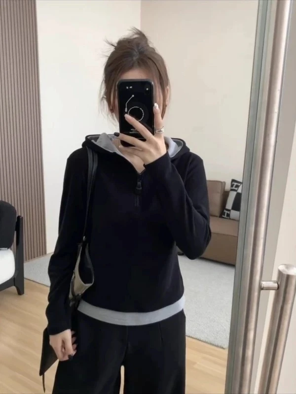Black Hoodie Long Sleeve Women's Design Sense Slimming Shoulder Top Fake Two-Piece Comfortable Breathable Korean Style Sweats...