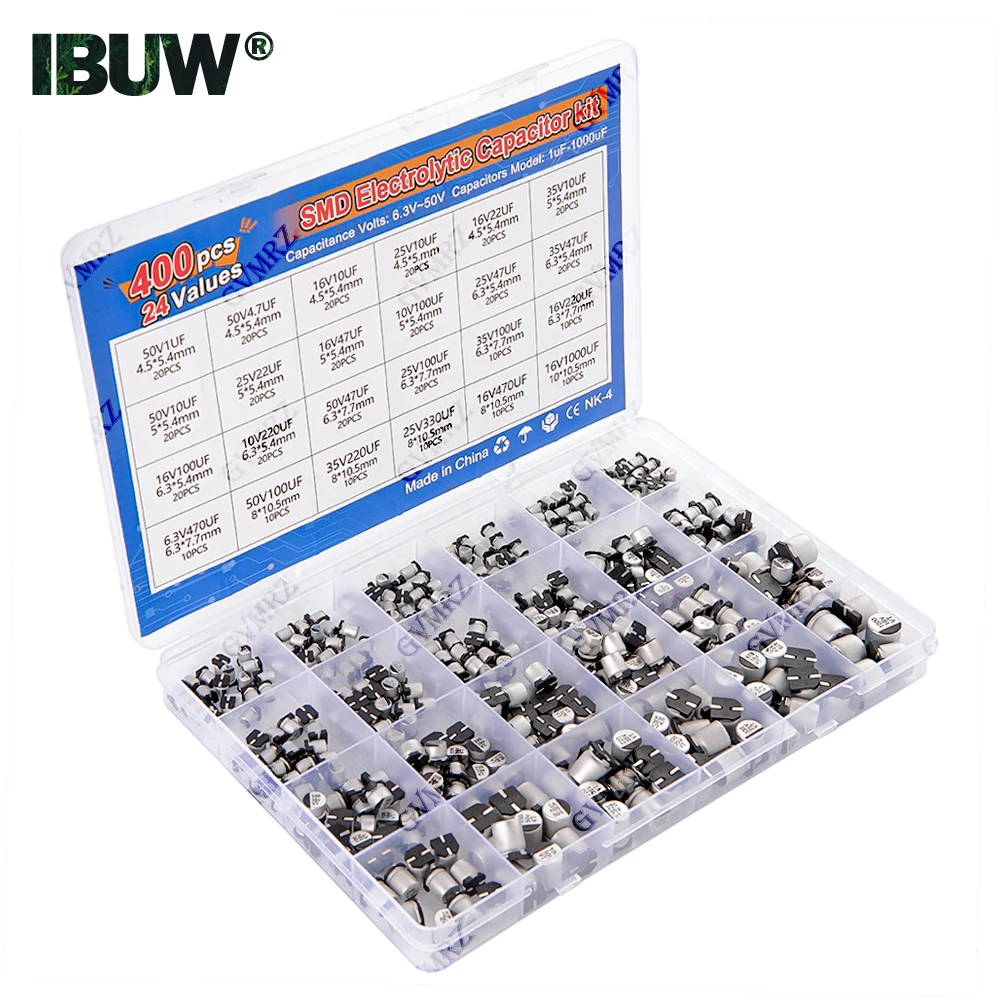 400 قطعة 24 قيمة SMD مُكثَّف كهربائيًا عدة 1 فائق التوهج-1000 فائق التوهج 6.3 فولت-50 فولت لمشاريع الإلكترونيات