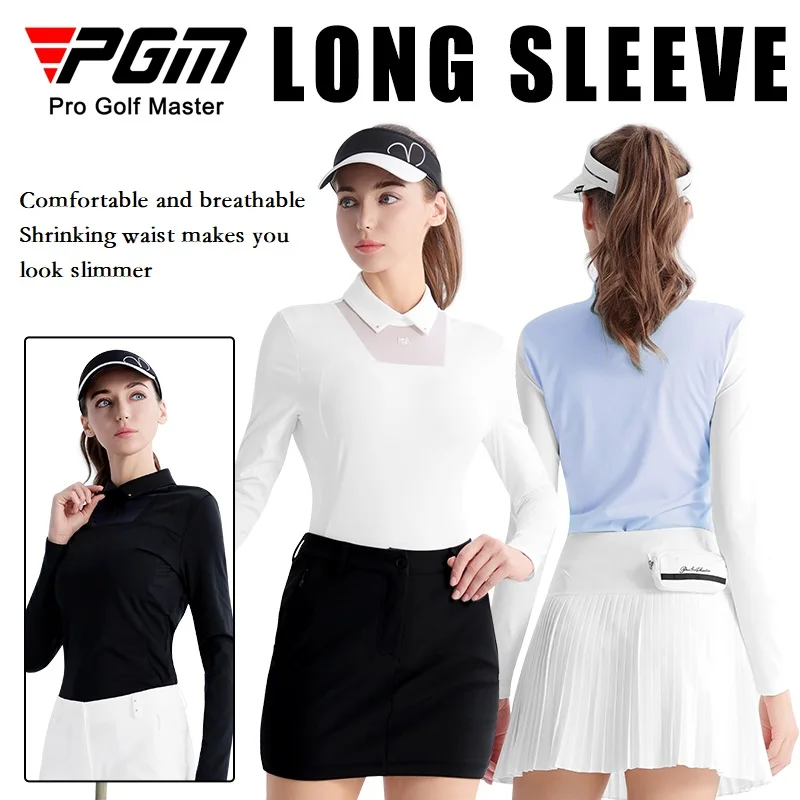 Pgm Spring Women's Golf Shirt Sports Long Sleeve T-shirt Breathable Lace Mesh Tops Ladies Wear New Korean Polo Golf Clothing