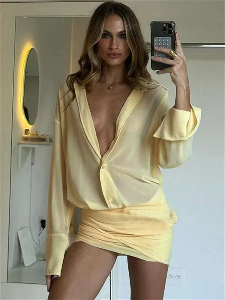 Minivestido transparente de manga larga para mujer, vestido ajustado liso elegante con solapa a la moda para ir al trabajo