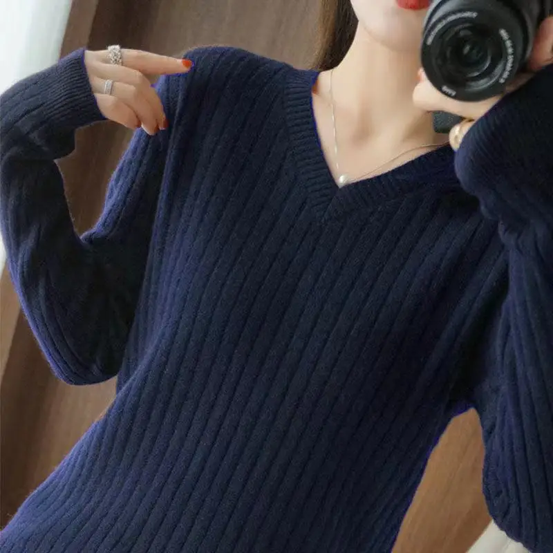 

Thiened Woolen Women's Sweater Loose Large Size Pure Color V-ne Knittedwear Brand Bule Commute Sle Long Sve