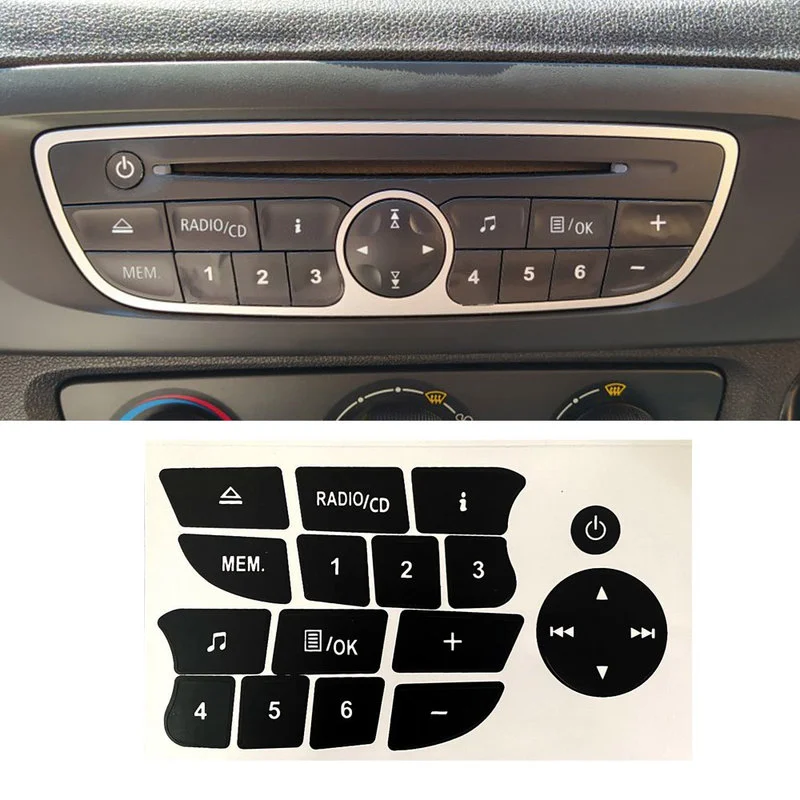 Car Button Repair Stickers Black Audio Button Repair Decal Stickers Accessories for Twingo for Renault Clio and Megane 2009-2011