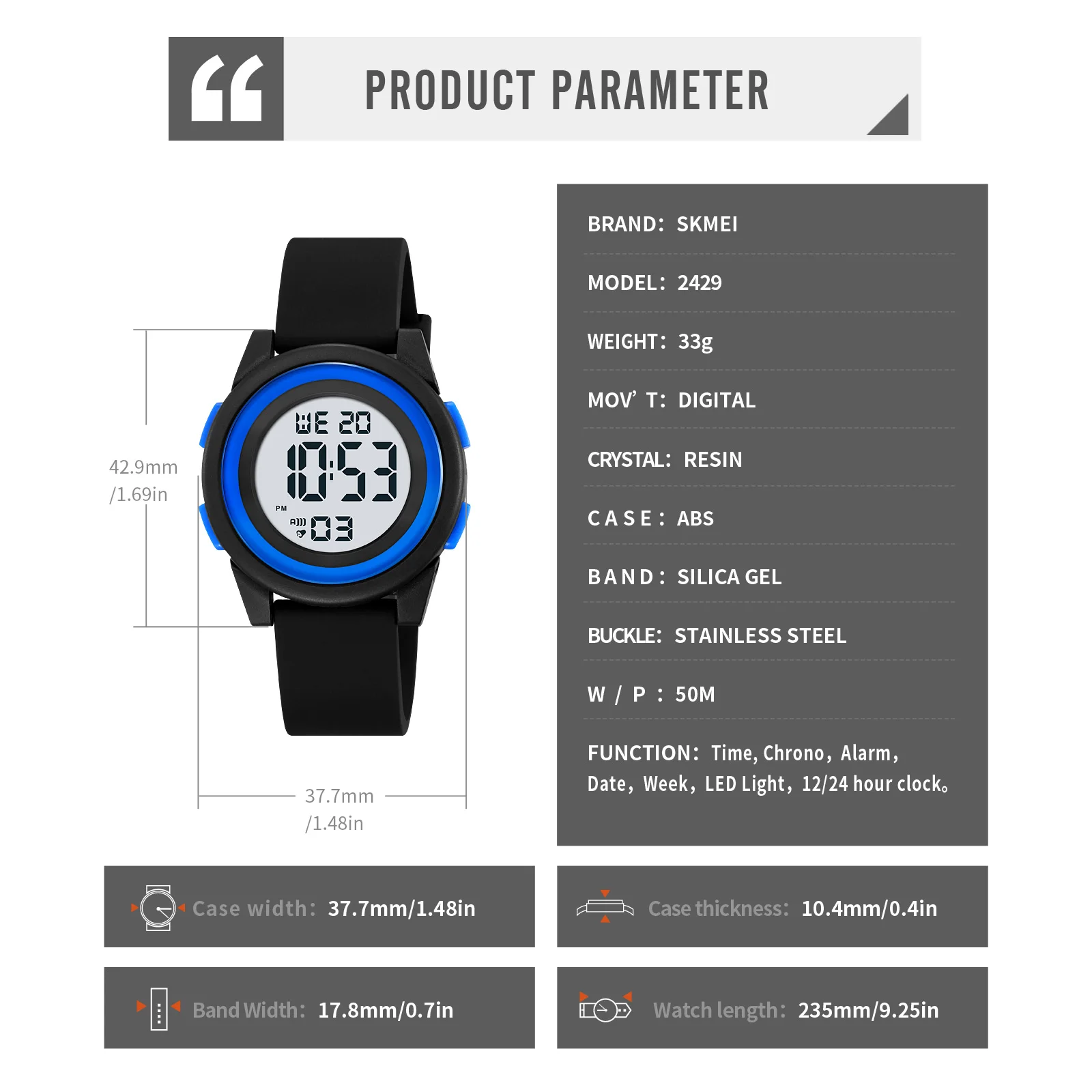SKMEI 2429 часы 50 м водонепроницаемые наручные часы для мальчиков и девочек будильник детский цифровой светодиодный черный свет секундомер детский