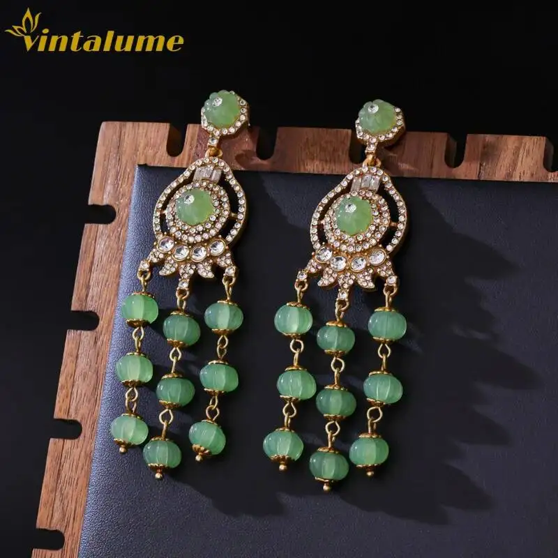 

Vintage Green Stone Tassel Drop Earrings Gold Plated Resin Crystal Ethnic Statement Party Wedding Jewelry Vintalume