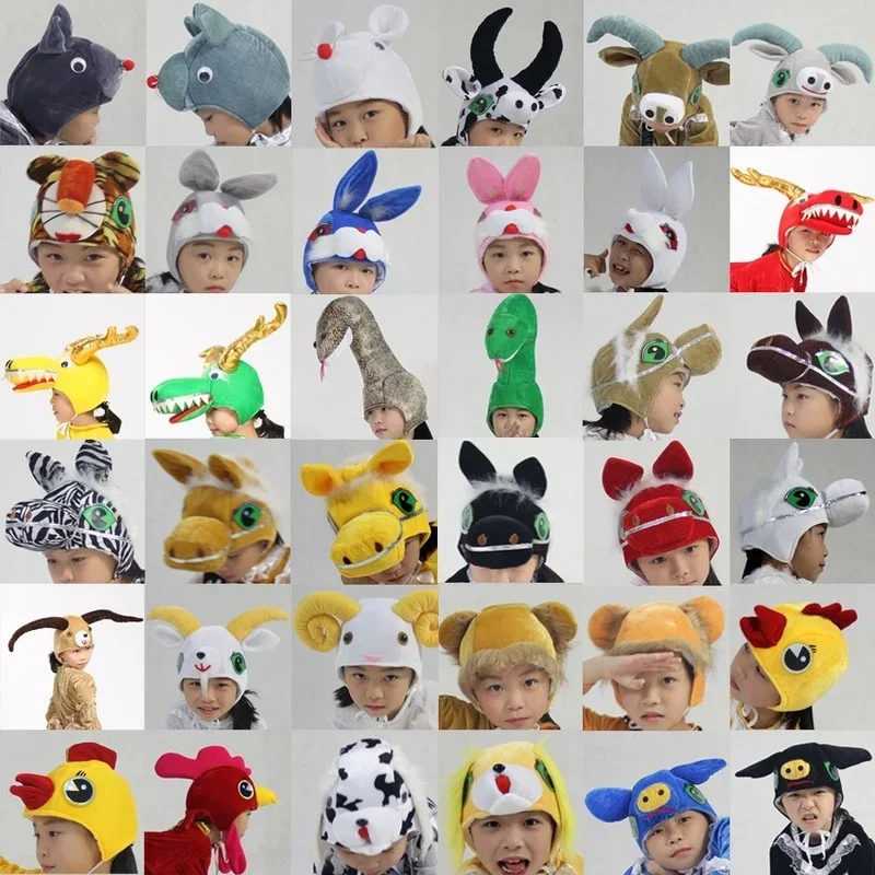 Novelty Farm Animal Costume Hat Theme Party Dress Up Plush Rooster Horse Sheep Dragon Cow Rabbit Mouse Headband  Child Halloween