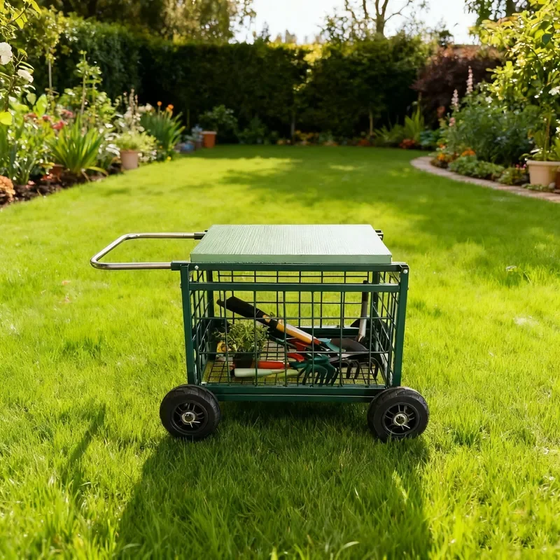 Multifunctional Garden Tool Cart with Seat Movable Wheeled Work Stool for Outdoor Planting Heavy Duty Roller Trolley for Home