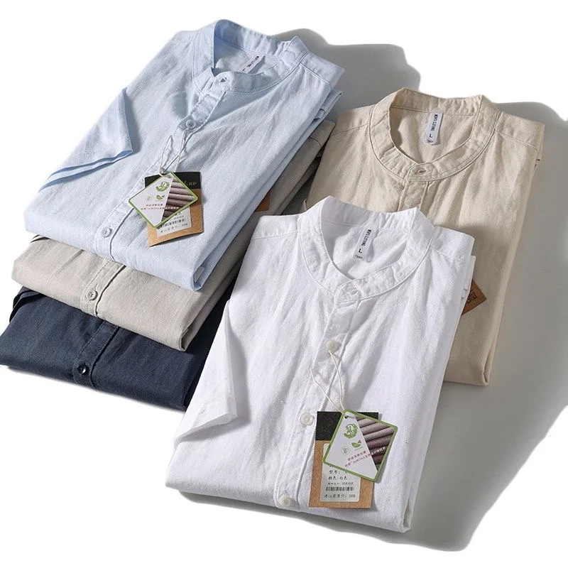 Retro Japanese Style Linen Short Sleeve Shirt Men Summer Thin Loose Cotton Linen Shirt Breathable Lightweight Stand Collar Me...