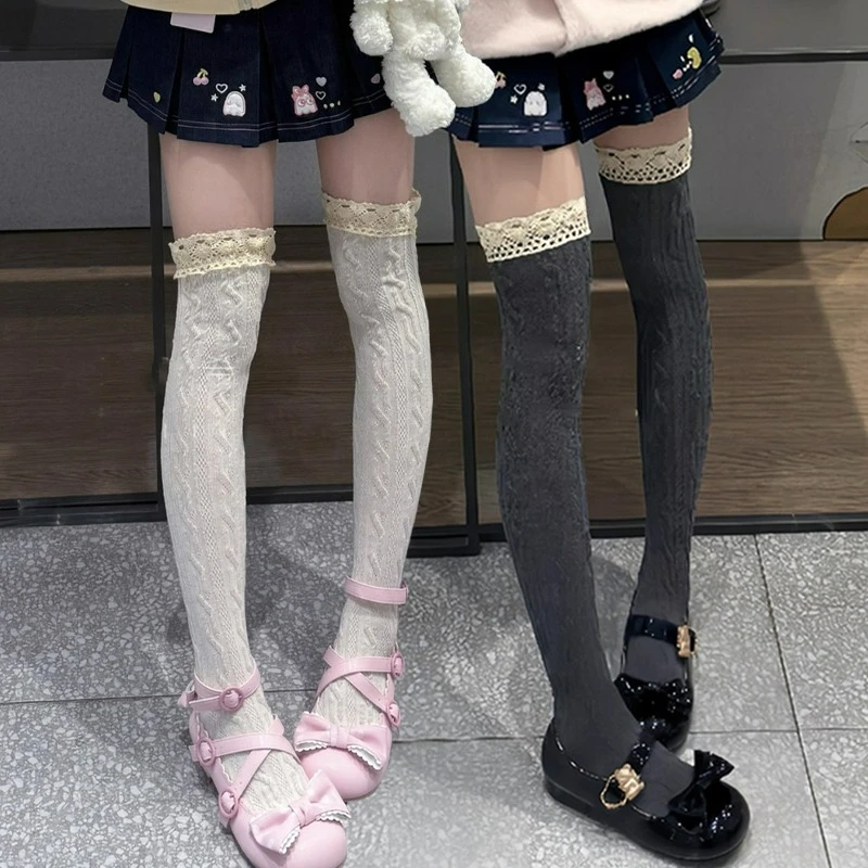 

Японские кружевные носки JK, кружевные чулки в стиле Лолиты, женские вязаные узоры для девочек, милые элегантные однотонные зимние теплые чулочно-носочные изделия на полу