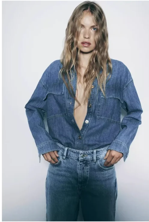 

Fall 2023 Women's Casual Straight Leg Denim irt Patch ket Decor High Waist Long Pants Pure Color Denim Faion Ladies' C...