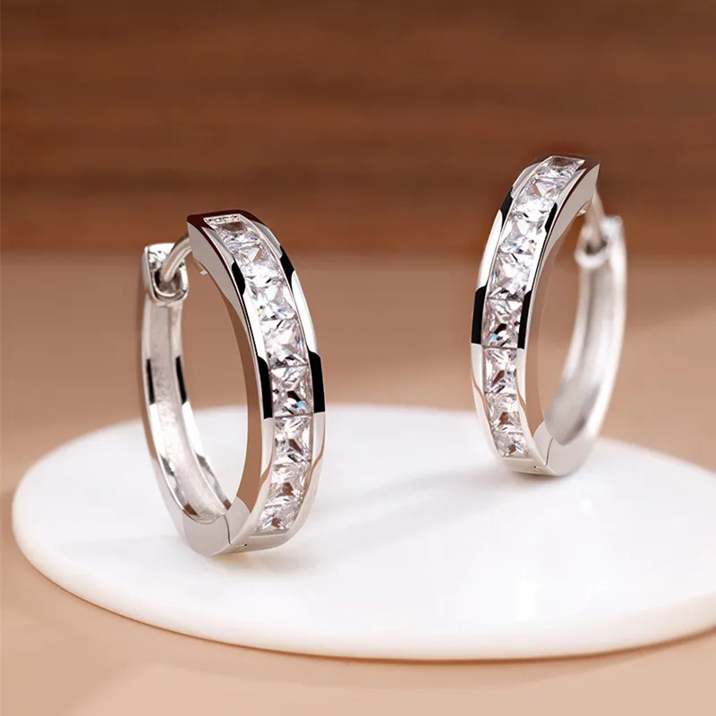 925 Silver Needle Piercing Zircon Circle Hoop Earring For Women Girls Jewelry Gift EH1005