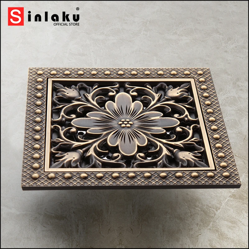 SINLAKU Bathroom Floor Drain Retro Heavy Work Pattern Waste Filter Drainage With Square Shower Copper Type Outfall Strainer