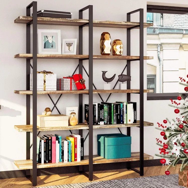 

Bookshelf, Double Wide 5-Tier Open Bookcase Vintage Industrial Large Shelves, Wood and Metal Etagere Bookshelves