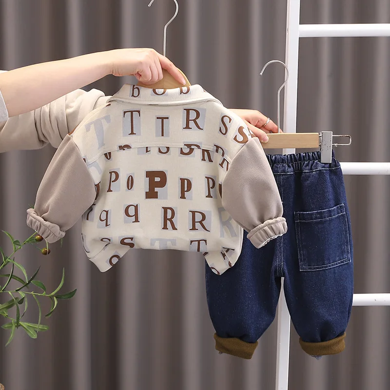 Baby Spring Kids Boys Suit 2024 Korean Letter Turn-down Collar Jackets + T-shirts + Pants for 12 To 18 Months Boy Clothing Sets image 3
