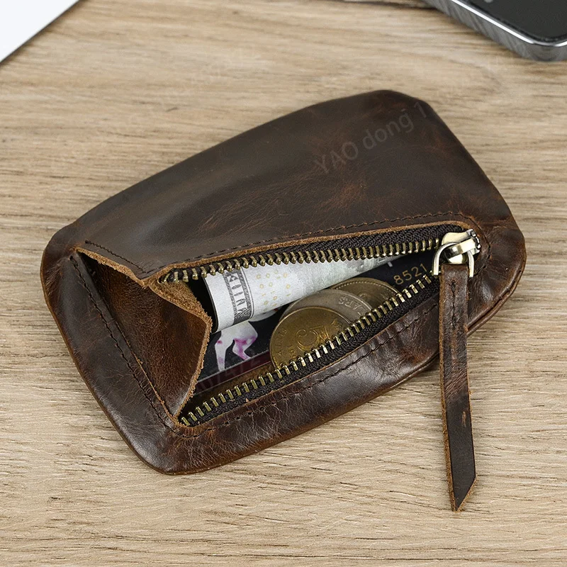 Yao Dong-monedero de cuero genuino con cremallera para hombre y mujer, Mini monedero corto de cuero de vaca, tarjetero, monedero de cambio para hombre y mujer