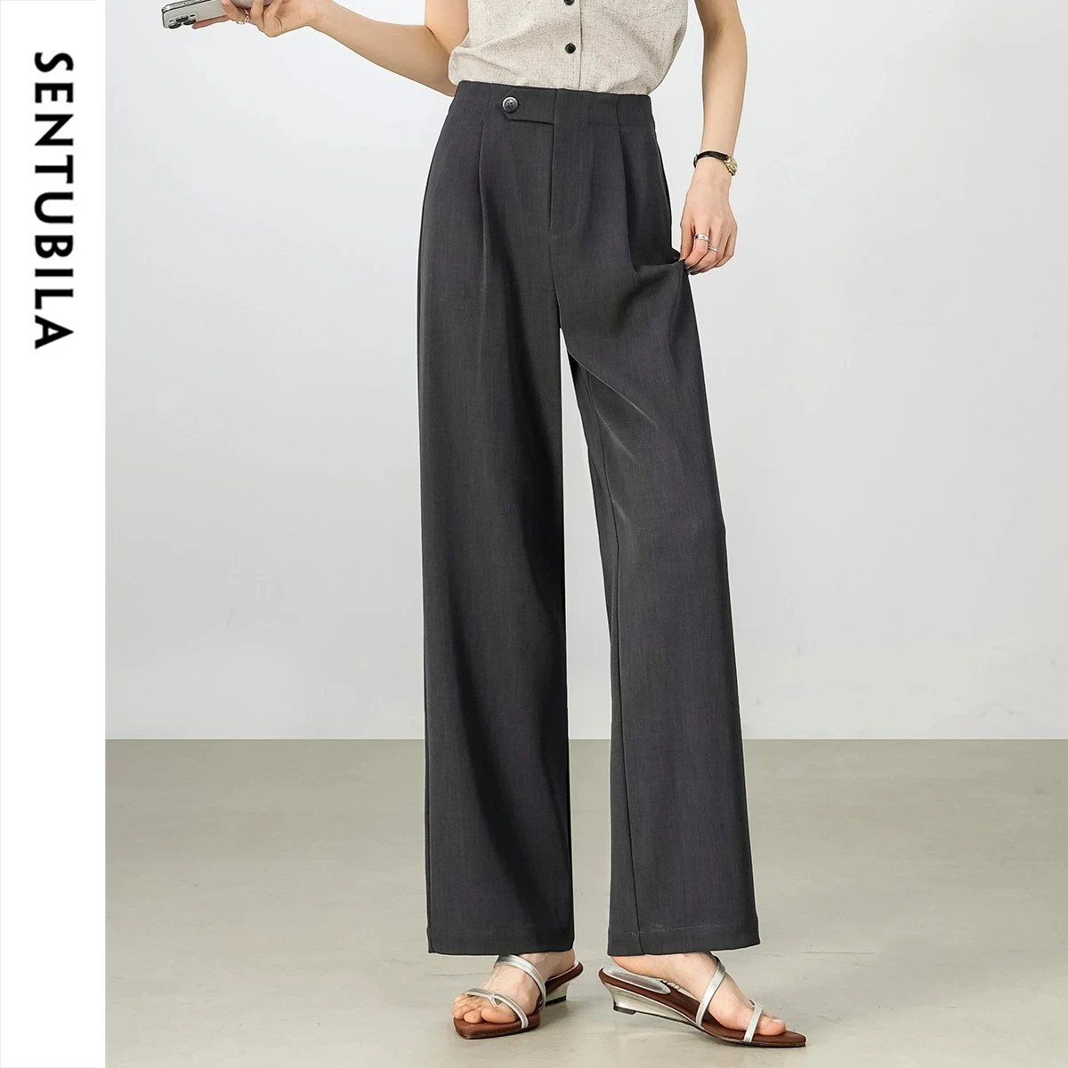 

SENTUBILA Ladies Minimalist Single Pleat Straight Leg Pants 2026 Summer Dark Gray Elastic Waistband Casual Trousers 152KA0052