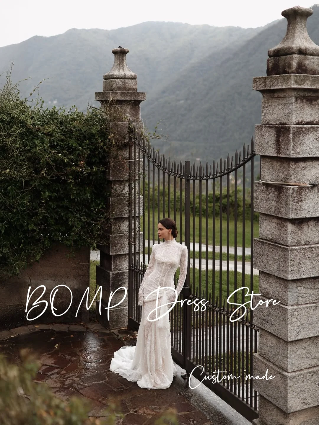 BOMP فساتين زفاف عتيقة من الدانتيل على شكل حرف a رقبة دائرية وأكمام طويلة من الدانتيل سويب تراين فساتين العروس رشيقة Mariage مخصصة 2026 #5