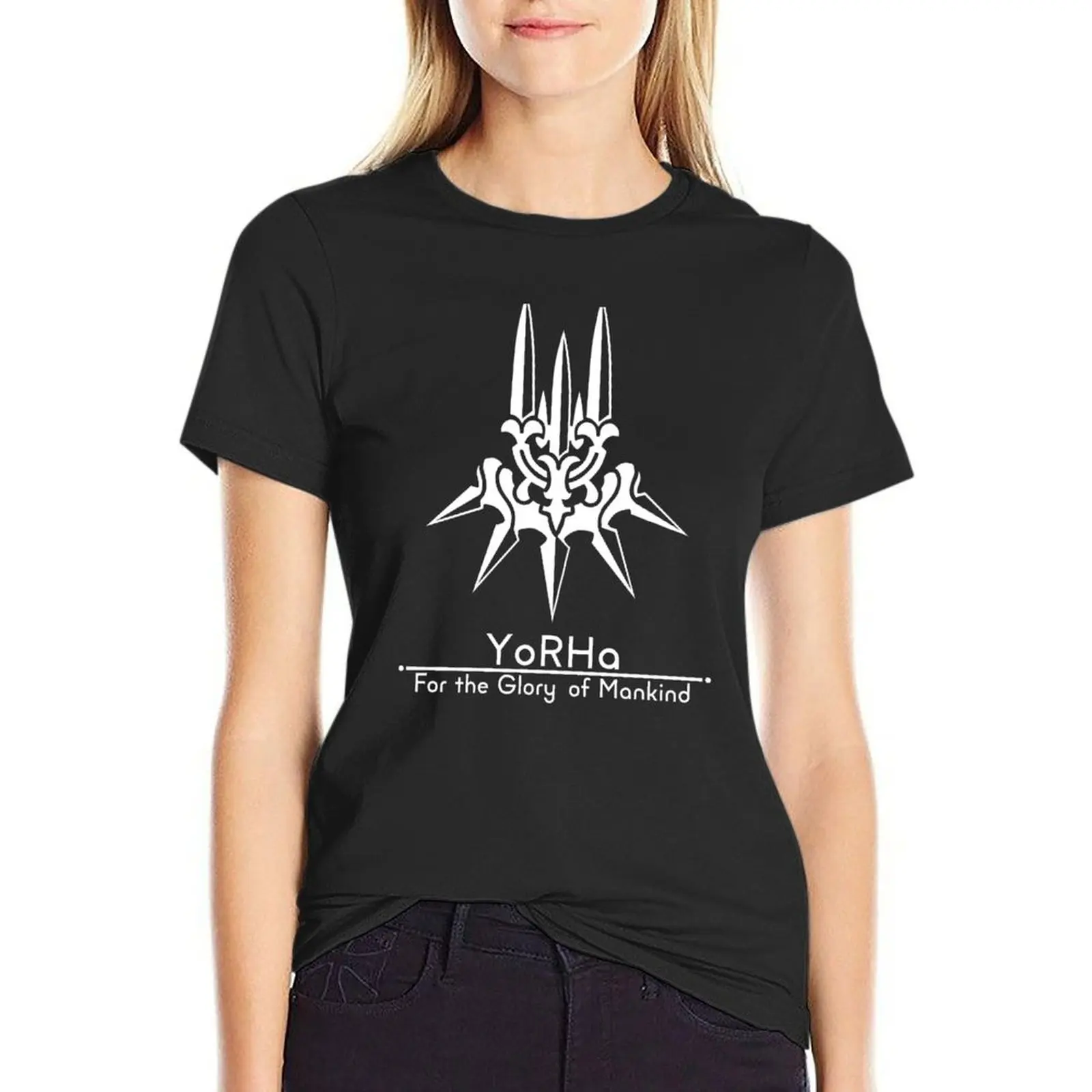 YoRHa + Motto Black Background T-Shirt vintage clothes summer tops graphics korean Women's clothes image 4