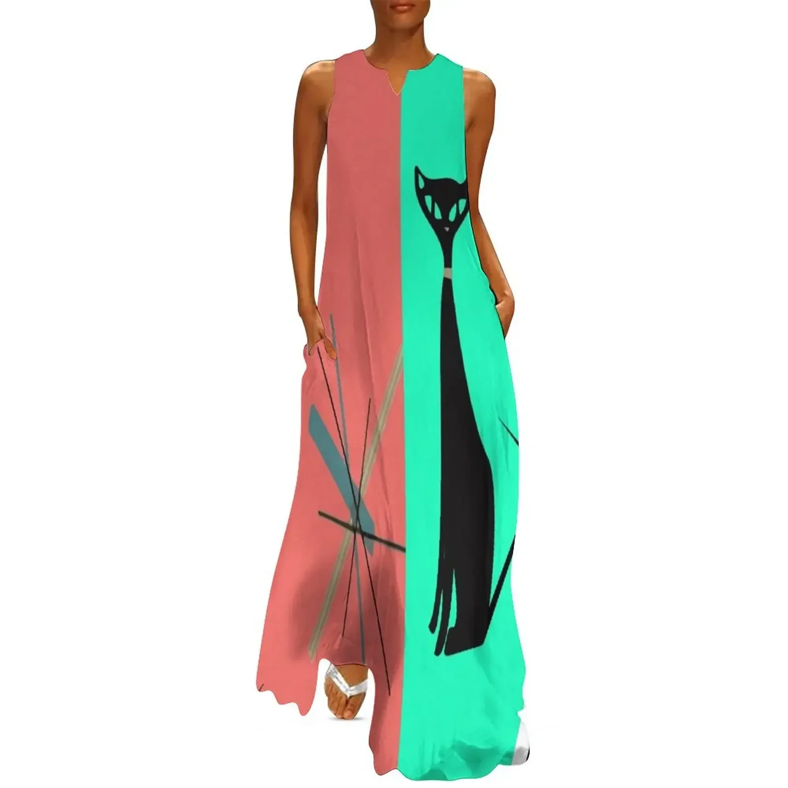 

Eames Era Cat on Pink and Turquoise Long Dress Women's clothing evening dresses luxury 2025 summer dresses women 2025 Dress