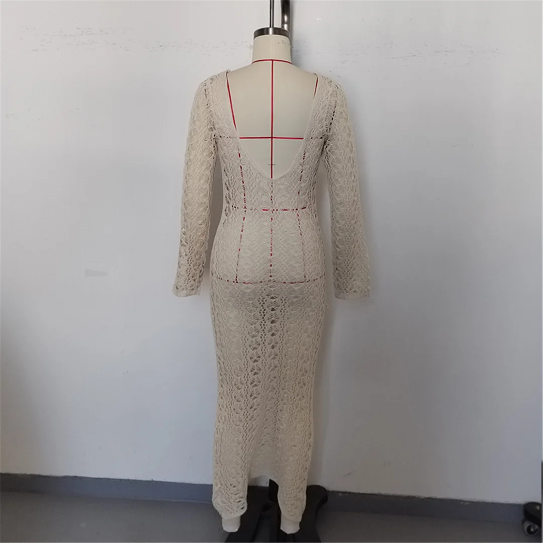 2026 Langarm-Strick-Tunika mit Ausschnitten am Rücken, rückenfreies Strandkleid, Strandmode, Strandbekleidung, Strand-Cover-up, Damen V6551 – Detail 24